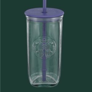 Starbucks Clear Glass Tumbler with Purple Lid and Straw - Embossed Logo